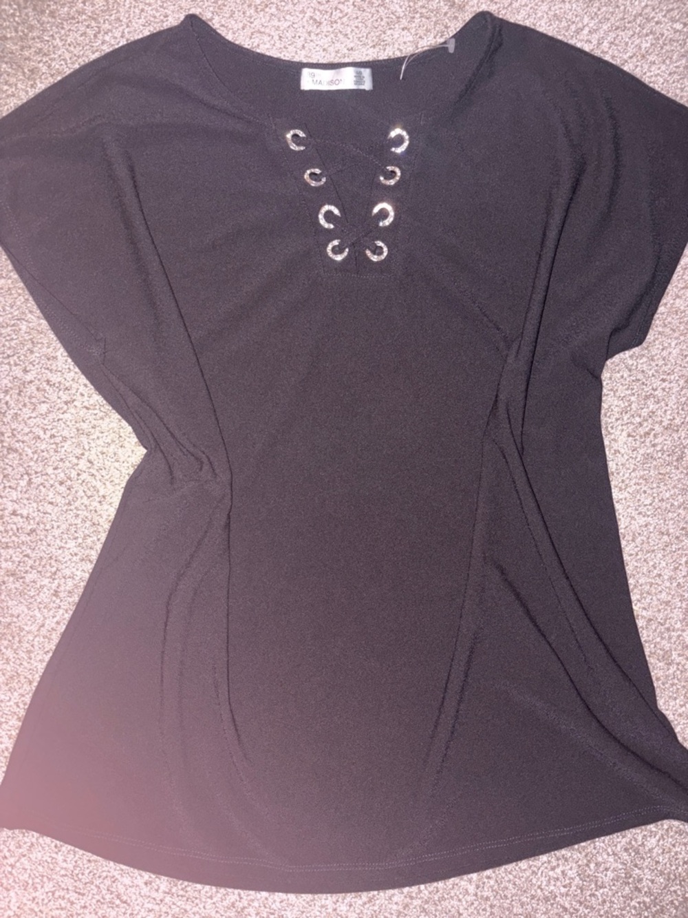 89th & Madison Black Short Sleeve Lace-Up Detail Top